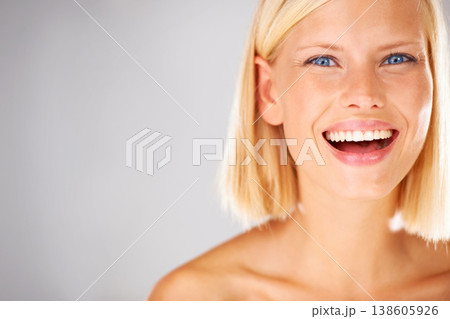Happiness, mockup beauty portrait and studio woman excited for facial cosmetics, skincare glow or natural makeup. Salon face, spa advertising space and dermatology model promotion on white background Happiness, mockup beauty portrait and studio woman excited for facial cosmetics, skincare glow or natural makeup. Salon face, spa advertising space and dermatology model promotion on white background 138605926