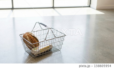 Shopping basket with few grocery items representing high inflation 138605954