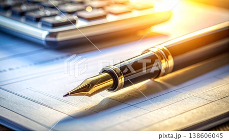 金色の万年筆と電卓が置かれた金融書類のクローズアップ、ビジネスコンセプト 138606045