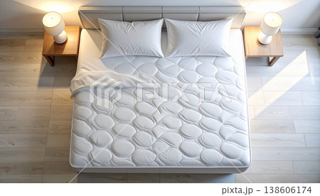 白い枕と清潔なシーツが整ったミニマルなベッドの俯瞰ビュー 138606174
