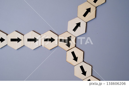 Hex blocks with arrows splitting into different directions represent decision making Hex blocks with arrows splitting into different directions represent decision making 138606206
