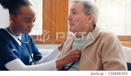 Caregiver, senior patient or breathing for healthcare service, nursing or heart check in hospital clinic. Retirement home, consulting or cardiology of elderly man or black woman for lungs or wellness Caregiver, senior patient or breathing for healthcare service, nursing or heart check in hospital clinic. Retirement home, consulting or cardiology of elderly man or black woman for lungs or wellness 138606303
