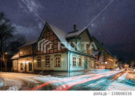 Seegi Maja in Parnu, the oldest historic half-timbered building under a starry winter night 138606316