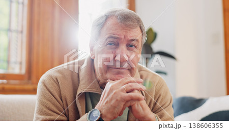 Thinking, reflection and senior man on sofa in living room with memory or dreaming face on walking stick. Relax, idea and elderly male person in retirement with alzheimers disease in lounge at home. Thinking, reflection and senior man on sofa in living room with memory or dreaming face on walking stick. Relax, idea and elderly male person in retirement with alzheimers disease in lounge at home. 138606355