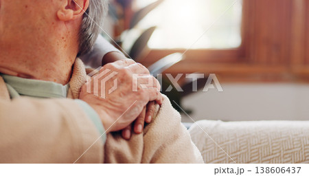 Senior patient, hands on shoulder or consulting a caregiver for support or empathy for healthcare help. Closeup, cancer or elderly person in counselling with calm nurse in nursing home for therapy 138606437