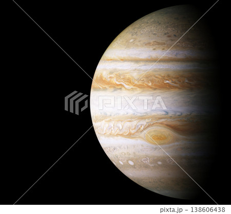 Jupiter, planet and universe for solar system, nebula or science with mock up space on black background. Galaxy, sky and innovation with research, milky way or astrology for exploration and discovery 138606438