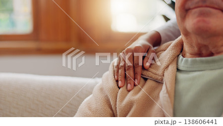 Senior patient, hands on shoulder or consulting a caregiver for support or empathy for healthcare help. Closeup, cancer or elderly person in counselling with calm nurse in nursing home for therapy 138606441