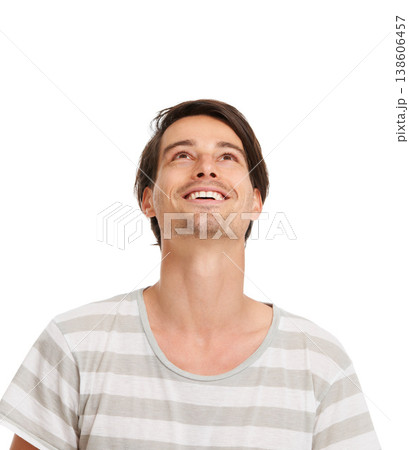 Man, happy and fashion mockup with looking up or sign, casual aesthetic and white background in studio. Handsome model, male and smile in excited for announcement, discount and wow for deal or news 138606457