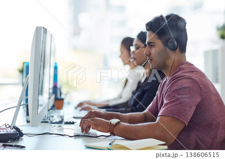 Business people, call center and workspace for customer service, e commerce support or virtual communication. Consultant or employees typing on computer at online agency, website chat and contact us 138606515