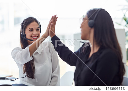 Call center, high five and people for success, business communication goals and target, sales or teamwork. Agency employees, consultant or women hands together for support, well done and achievement Call center, high five and people for success, business communication goals and target, sales or teamwork. Agency employees, consultant or women hands together for support, well done and achievement 138606518