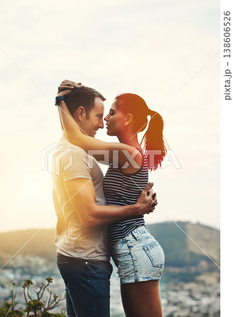 Love, mockup or happy couple hug on outdoor date for trust with support, bond or care. Romantic man, space or woman on holiday vacation together to celebrate, relax or travel in summer or USA Love, mockup or happy couple hug on outdoor date for trust with support, bond or care. Romantic man, space or woman on holiday vacation together to celebrate, relax or travel in summer or USA 138606526