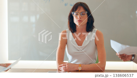 Woman, business and meeting headache paperwork or crisis, burnout or stress. Female person, anxiety or fatigue board room or team collaboration for document, frustrated or employee mistake discussion Woman, business and meeting headache paperwork or crisis, burnout or stress. Female person, anxiety or fatigue board room or team collaboration for document, frustrated or employee mistake discussion 138606537
