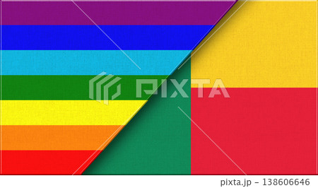 Flags of LGBT and Benin. LGBT and Beninese National flags on Fabric Texture. 138606646