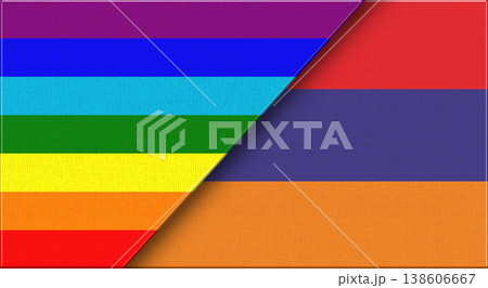 Flags of LGBT and Armenia. LGBT and Armenian National flags on Fabric Flags of LGBT and Armenia. LGBT and Armenian National flags on Fabric 138606667