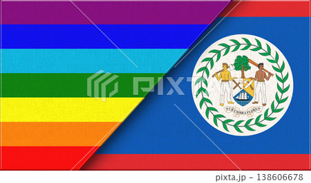 Flags of LGBT and Belize. LGBT and Belizean National flags on Fabric Texture 138606678