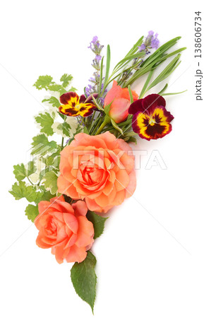 Romantic bouquet with pansy flowers and lush rose blossoms. Romantic bouquet with pansy flowers and lush rose blossoms. 138606734