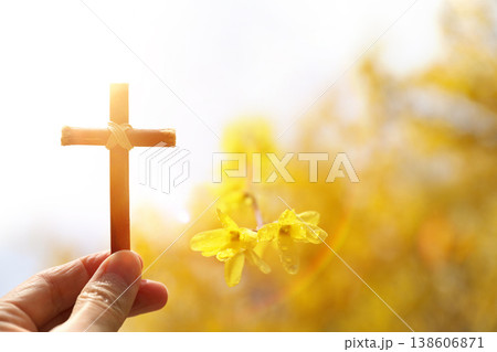 The Cross of Jesus Christ and beautiful forsythia spring background, Passion Week and Easter concept 138606871
