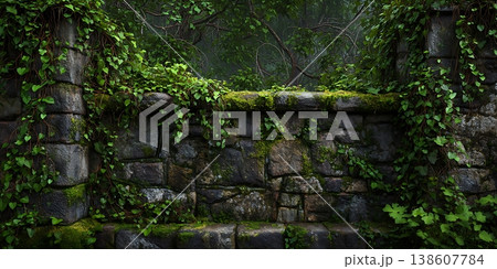 RainSoaked Stone Wall Lush Greenery Mystical Ambiance RainSoaked Stone Wall Lush Greenery Mystical Ambiance 138607784