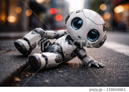 Cute Small Robot Lying on Wet City Street 138608661