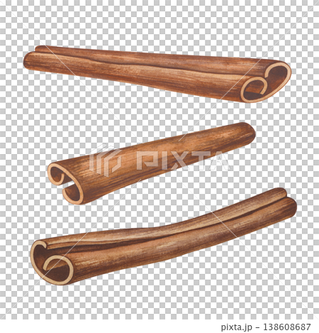 Watercolor illustration of three aromatic cinnamon sticks isolated on a white background. Botanical clipart for bakery menus, Christmas and autumn designs, spice packaging, coffee shop branding Watercolor illustration of three aromatic cinnamon sticks isolated on a white background. Botanical clipart for bakery menus, Christmas and autumn designs, spice packaging, coffee shop branding 138608687