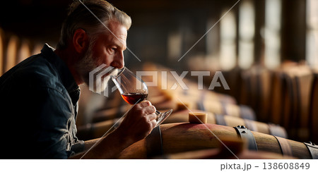 Dedicated wine specialist analyzing barrel sample with detailed precision in soft lighting 138608849