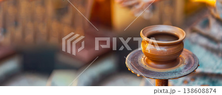 Close up view of an empty clay pot standing on a potter's wheel. 138608874
