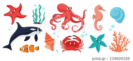 Cute cartoon sea animals set with whale octopus crab starfish and shells for kids design 138609189