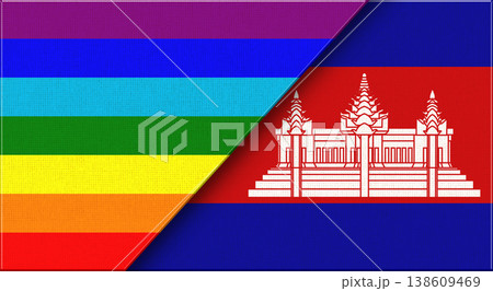 Flags of LGBT and Cambodia. LGBT and Cambodian National flags on Fabric Texture. 138609469