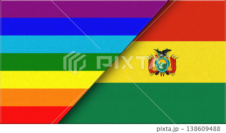 Flags of LGBT and Bolivia. LGBT and Bolivian National flags on Fabric Texture. 138609488