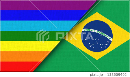 Flags of LGBT and Brazil. LGBT and Brazilian National flags on Fabric Texture 138609492