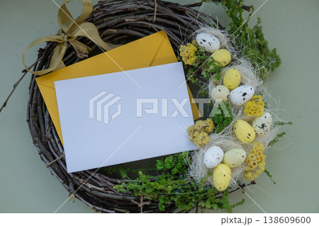 White envelope mockup copy space greeting card Candid Easter wreath arrangement decor. Handmade craft creative present or gift idea. Zero waste eco-friendly springtime holiday White envelope mockup copy space greeting card Candid Easter wreath arrangement decor. Handmade craft creative present or gift idea. Zero waste eco-friendly springtime holiday 138609600