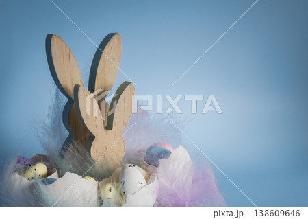 Easter holiday decoration from sustainable materials egg shell wooden bunnies eggs decor. Copy space Diy do it yourself Gift present idea. Zero waste Crafting preparation Easter holiday decoration from sustainable materials egg shell wooden bunnies eggs decor. Copy space Diy do it yourself Gift present idea. Zero waste Crafting preparation 138609646