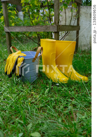 Yellow garden boots with bucket and gardening shovel on green grass outdoor background. Copy space. Garden tools in rural cottagecore lifestyle countryside living organic sustainable Yellow garden boots with bucket and gardening shovel on green grass outdoor background. Copy space. Garden tools in rural cottagecore lifestyle countryside living organic sustainable 138609656