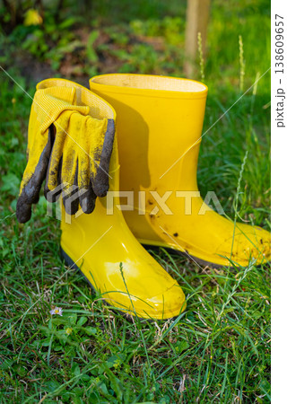 Yellow garden boots with bucket and gardening shovel on green grass outdoor background. Copy space. Garden tools in rural cottagecore lifestyle countryside living organic sustainable Yellow garden boots with bucket and gardening shovel on green grass outdoor background. Copy space. Garden tools in rural cottagecore lifestyle countryside living organic sustainable 138609657