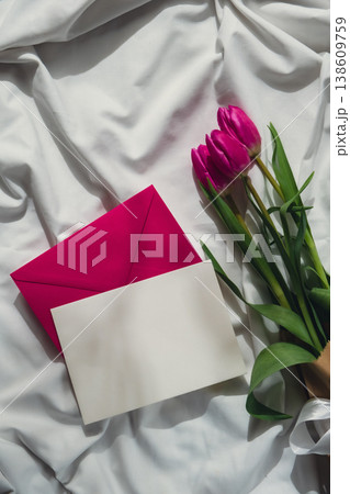 Empty white envelope mock up template for greeting card. Fresh bouquet of pink tulip flowers on bed. Gift present idea for holiday birthday 8 March Mother's Day Valentine's day Women's Day Empty white envelope mock up template for greeting card. Fresh bouquet of pink tulip flowers on bed. Gift present idea for holiday birthday 8 March Mother's Day Valentine's day Women's Day 138609759