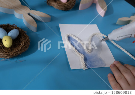 Drawing Easter rabbit bunny HOLD THE EARS STIFF humor saying Storytelling of creating craft Easter greeting card holiday present. Tactile hand-on activity. Master class progress of creative me-made Drawing Easter rabbit bunny HOLD THE EARS STIFF humor saying Storytelling of creating craft Easter greeting card holiday present. Tactile hand-on activity. Master class progress of creative me-made 138609818