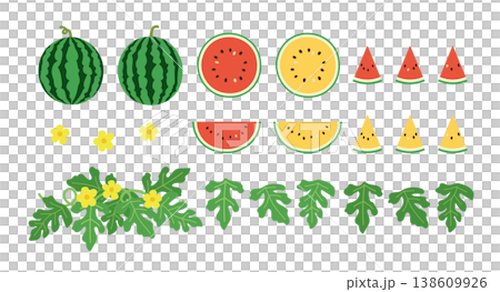 シンプルでかわいいスイカの装飾イラストセット 黄色いスイカ 花と葉っぱ カットスイカ 断面図 シンプルでかわいいスイカの装飾イラストセット 黄色いスイカ 花と葉っぱ カットスイカ 断面図 138609926
