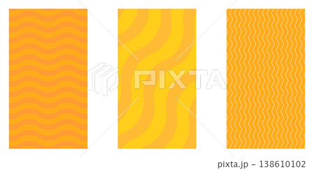 Summer abstract vertical backgrounds set. Yellow and orange geometric patterns with wavy lines and concentric circles. Minimalist vertical posters for summer seasonal social media stories and branding 138610102
