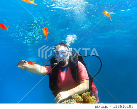 Female scuba diver feeding fish in tropical ocean Female scuba diver feeding fish in tropical ocean 138610193