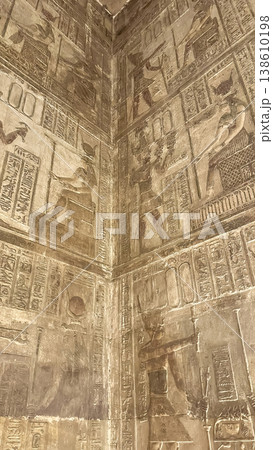 Beautiful bas-reliefs and ancient hieroglyphs from the Dendera Temple Complex, Qena, Egypt 138610198