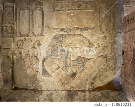 Beautiful bas-reliefs and ancient hieroglyphs from the Dendera Temple Complex, Qena, Egypt Beautiful bas-reliefs and ancient hieroglyphs from the Dendera Temple Complex, Qena, Egypt 138610231