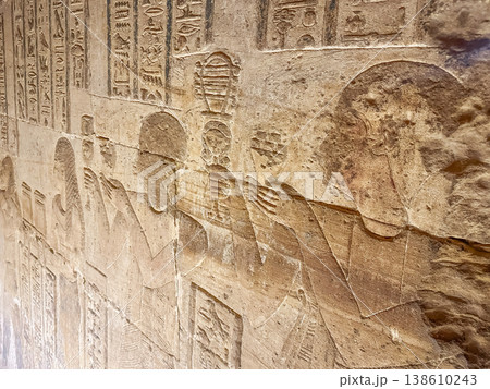 Beautiful bas-reliefs and ancient hieroglyphs from the Dendera Temple Complex, Qena, Egypt Beautiful bas-reliefs and ancient hieroglyphs from the Dendera Temple Complex, Qena, Egypt 138610243