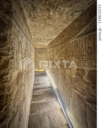 Beautiful wall paintings and bas-reliefs inside the ancient temple complex of Dendera, Qena, Egypt Beautiful wall paintings and bas-reliefs inside the ancient temple complex of Dendera, Qena, Egypt 138610253