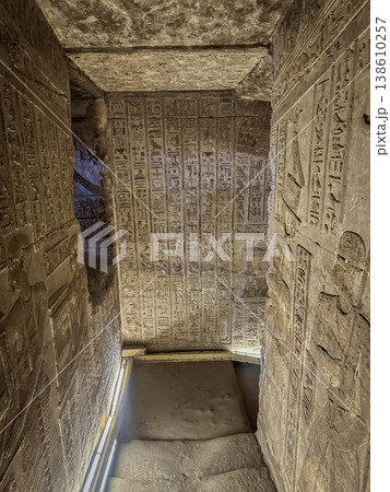 Beautiful wall paintings and bas-reliefs inside the ancient temple complex of Dendera, Qena, Egypt Beautiful wall paintings and bas-reliefs inside the ancient temple complex of Dendera, Qena, Egypt 138610257