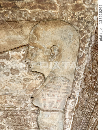 Head of the goddess Hathor at the Dendera Temple Complex, Qena, Egypt 138610263