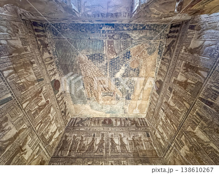Beautiful wall paintings and bas-reliefs inside the ancient temple complex of Dendera, Qena, Egypt Beautiful wall paintings and bas-reliefs inside the ancient temple complex of Dendera, Qena, Egypt 138610267