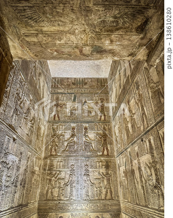 Beautiful wall paintings and bas-reliefs inside the ancient temple complex of Dendera, Qena, Egypt Beautiful wall paintings and bas-reliefs inside the ancient temple complex of Dendera, Qena, Egypt 138610280