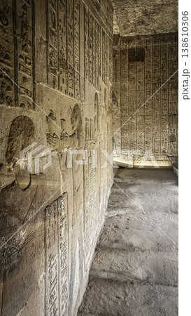 Beautiful wall paintings and bas-reliefs inside the ancient temple complex of Dendera, Qena, Egypt Beautiful wall paintings and bas-reliefs inside the ancient temple complex of Dendera, Qena, Egypt 138610306