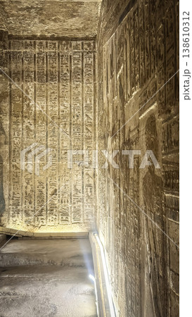 Beautiful wall paintings and bas-reliefs inside the ancient temple complex of Dendera, Qena, Egypt 138610312