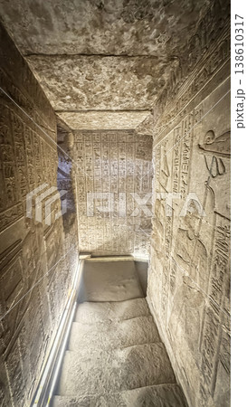 Beautiful wall paintings and bas-reliefs inside the ancient temple complex of Dendera, Qena, Egypt Beautiful wall paintings and bas-reliefs inside the ancient temple complex of Dendera, Qena, Egypt 138610317